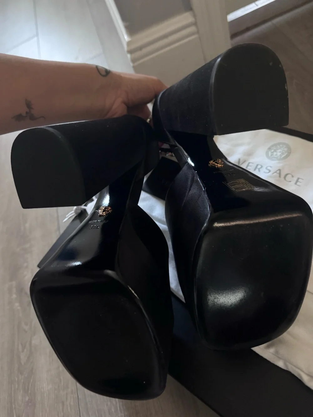 Medusa Aevitas Satin Platform Pumps.